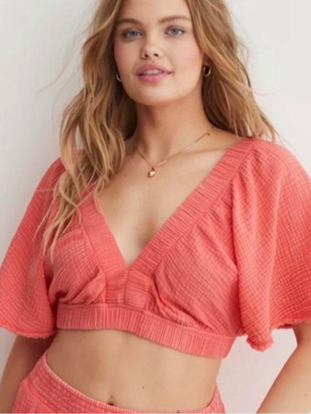 Aerie Gauzy Flutter Sleeve Top Coral Size S